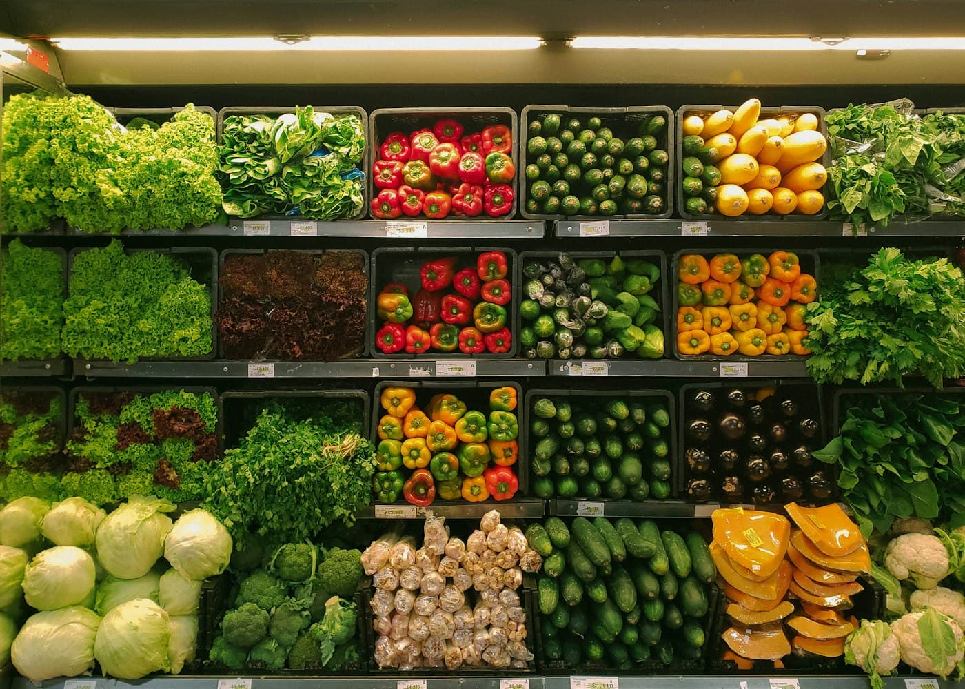 Shelves of fresh vegetables and fruit in a grocery store.